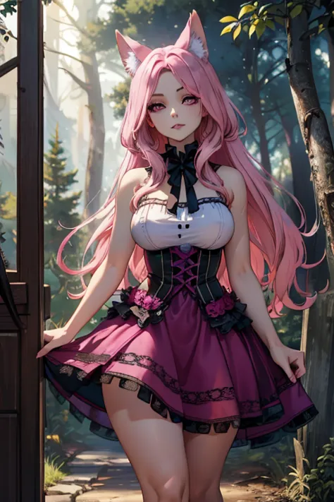 a pink haired woman with violet eyes and an hourglass figure is walking with a wolf in the forest.