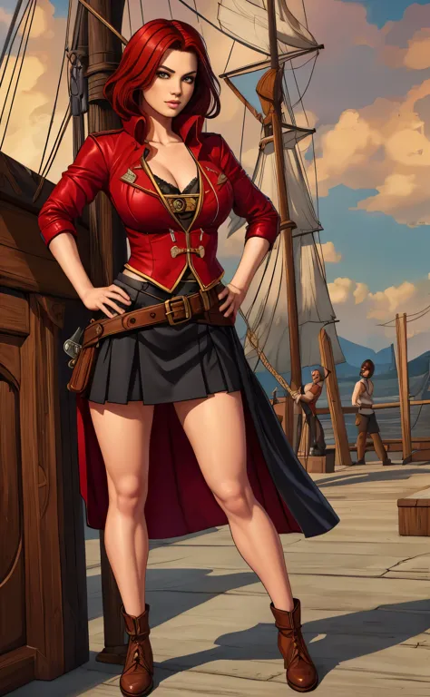 girl, female pirate, miniskirt, red hair, black hair, full body shot, clyde caldwell