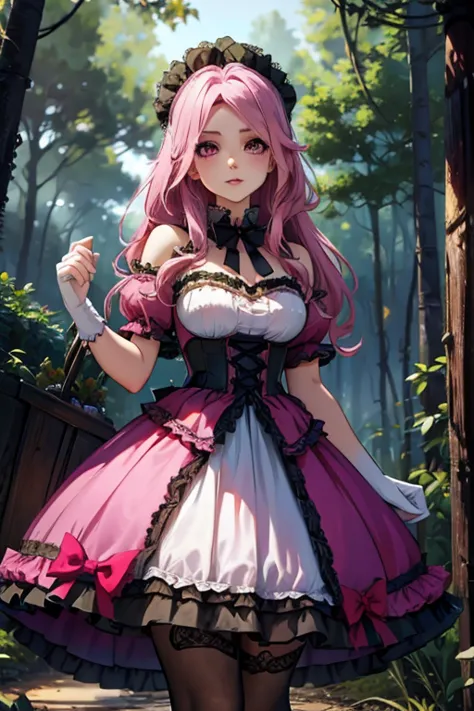 a pink haired woman with violet eyes and an hourglass figure is  an cute lolita dress is walking with a wolf in the forest.