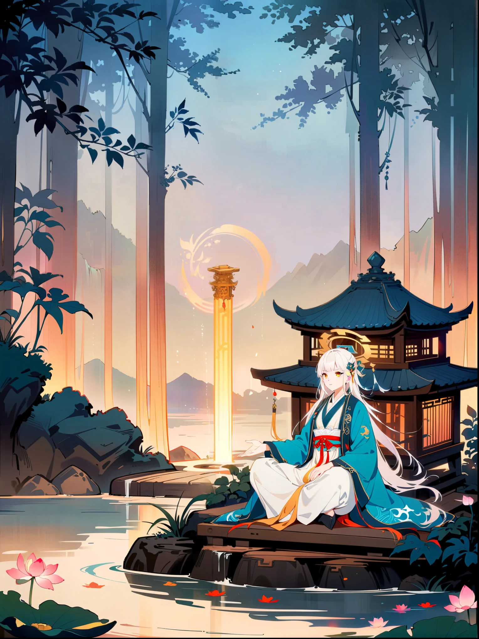 (close shot:1.8)，ancient forest，White-haired Taoist，Floating lotus stone，Meditate cross-legged，cyan robe，Gold moire，Ancient characters，Rotating halo，Golden Light Pillar from the Sky，Divine breath，forest creatures，quiet，Sandalwood scent，Mountain stream sound，In a mysterious scene，Yin and Yang symbols，I Ching Hexagrams，Swirling Mist，lotus，peaceful atmosphere，Peaceful nature scene，（best quality，8k，high resolution，masterpiece），Super detailed，concept art，intricate details，Ambient lighting，Cinema Effect，bright colors