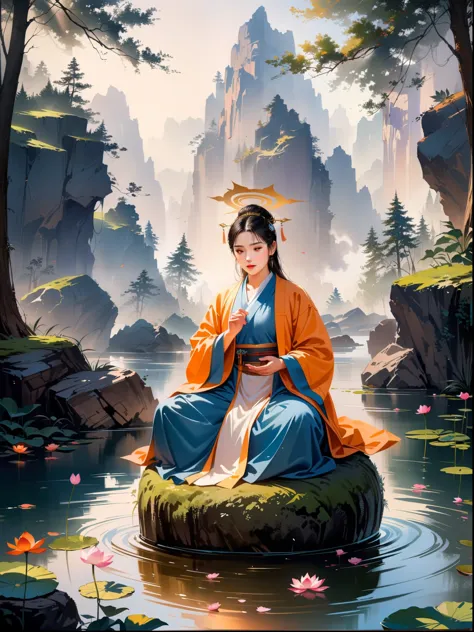 A wise, elderly Taoist monk sitting in lotus position, levitating above a moss-covered stone surrounded by a floating lotus flow...