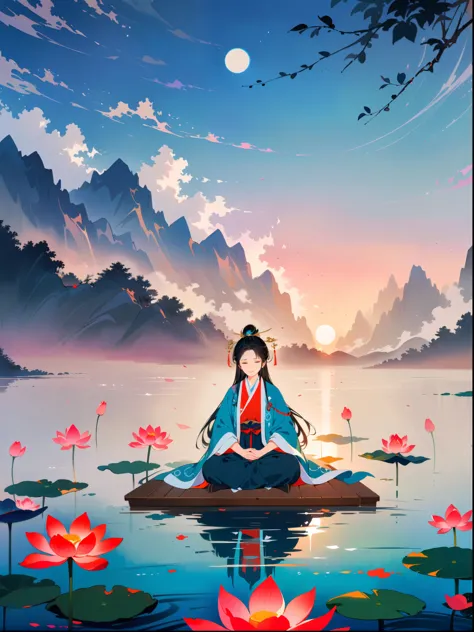 (close shot:1.5)，Daoist sage meditating in tranquil lotus pond, yin yang symbol, I Ching trigrams, swirling mist, lotus flowers,...