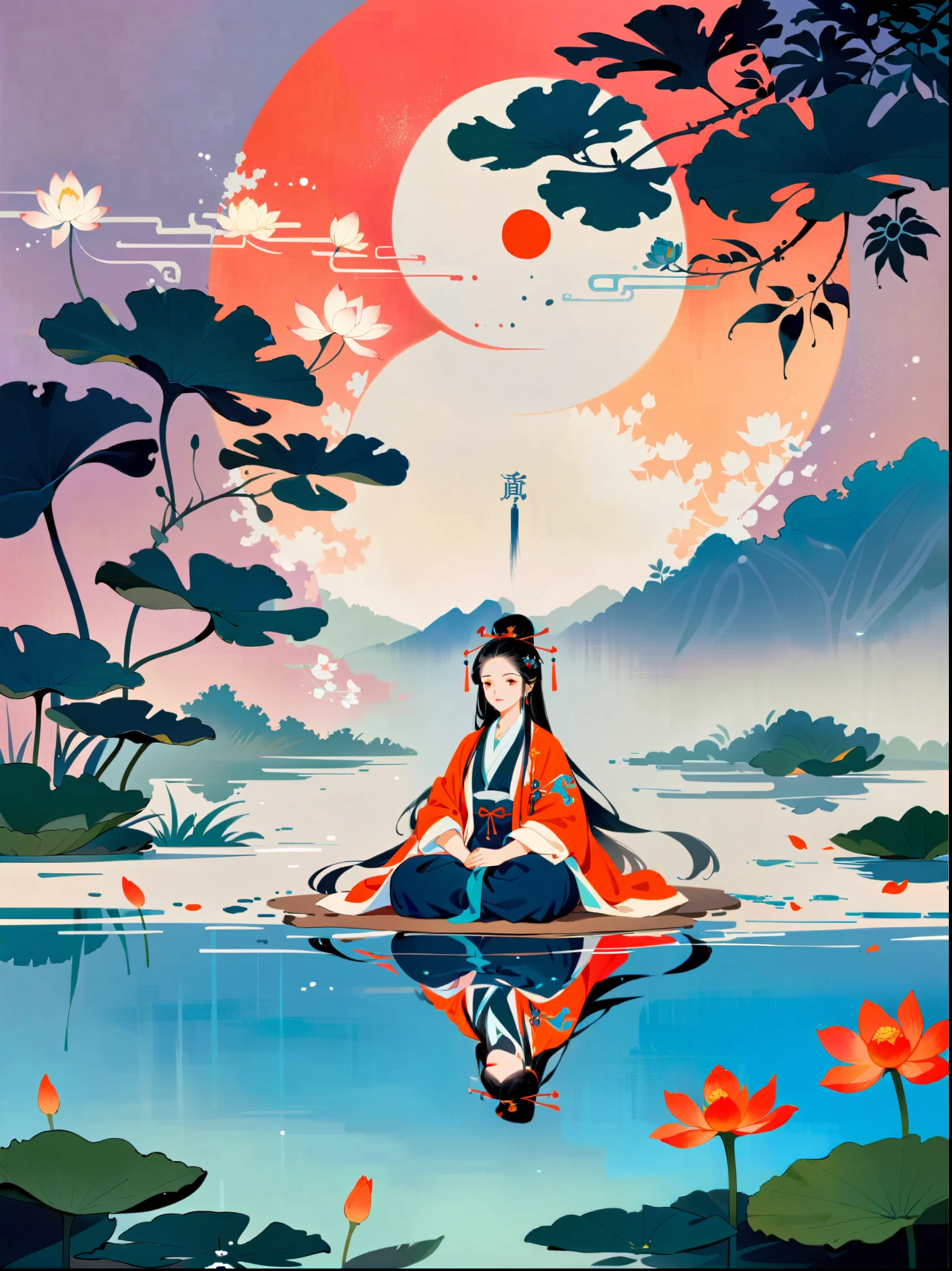 Taoist sage meditating in a tranquil لوتس pond，رموز يين ويانغ，أنا تشينغ السداسية，ضباب يحوم，لوتس，جو سلمي，مشهد الطبيعة السلمية，（أفضل جودة，8 ك，دقة عالية，تحفة），مفصلة للغاية，مفهوم الفن，تفاصيل معقدة，الإضاءة المحيطة，تأثير السينما，الوان براقة