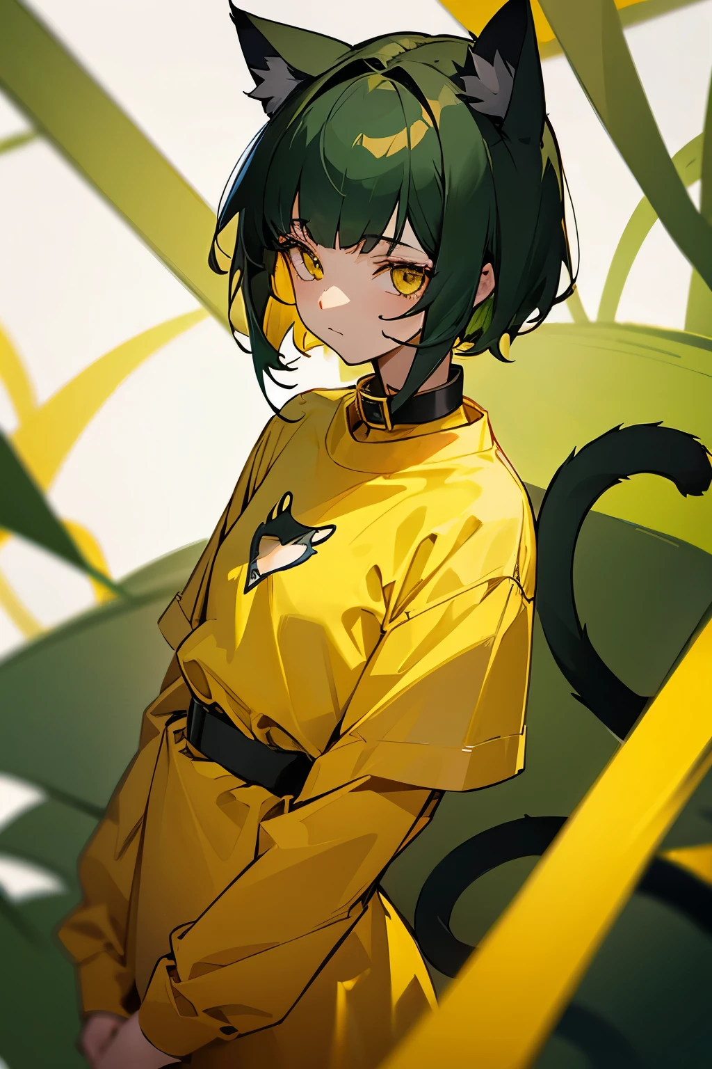 Anime girl with green hair and yellow cat ears - SeaArt AI