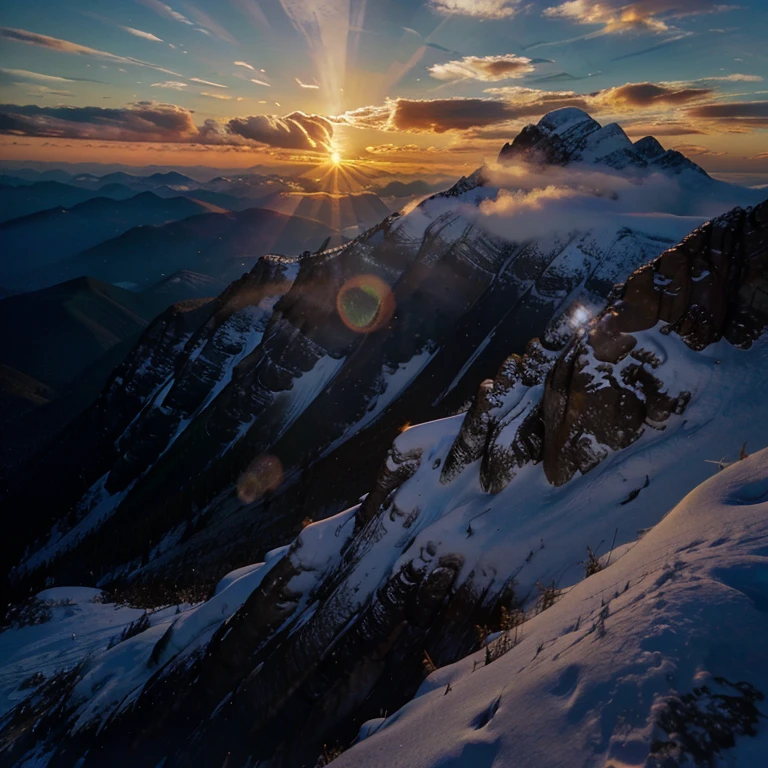 Mountains at sunset, cloud covering top of mountain