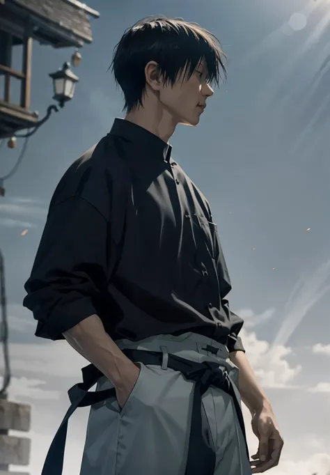 toji fushiguro, in profile, short sword, one hand in the pocket