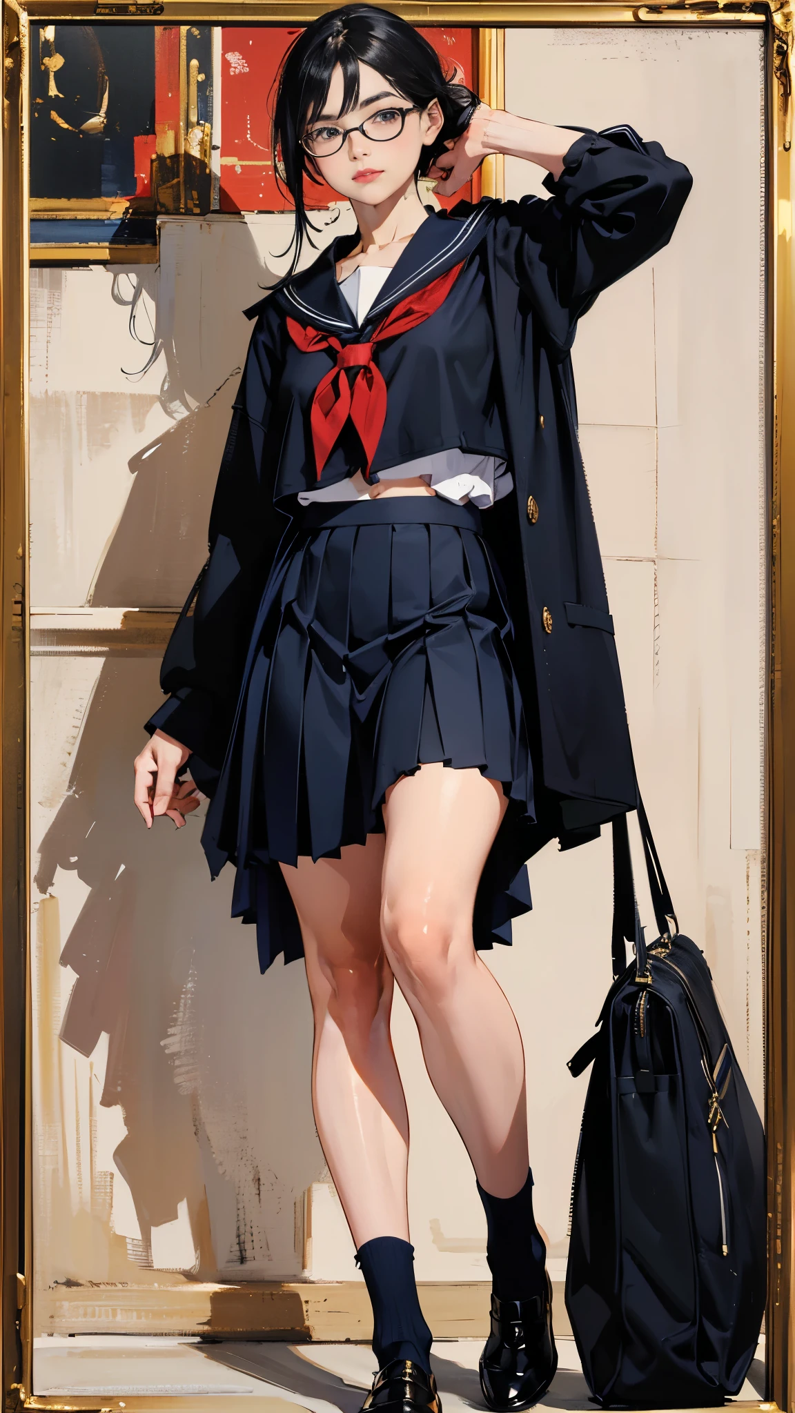 ((best quality,4k,highres,masterpiece:1.2)),((character concept art)), 1 female, age 17. Concealing her true appearance beneath a traditional Japanese high  ((consisting of a bulky, navy blue sailor-style top paired with a matching pleated skirt)), she presents a persona that is distinctly nerdy. Her comfortable black loafers and white knee-high socks complete the ensemble. ((Her thick, black-framed eyeglasses and the messiness of her black hair reinforce this image)). The only accessories she carries are a school bag and a simple wristwatch. Beneath this carefully crafted exterior, her true elegance and sophistication remain hidden, waiting to be discovered. ((intricate detail)), super finely detailed hands, ultra finely detailed fingers(((ten fingers))), (standing casually), (full body showcase), (show full body), (no logos on background), (no logo), ((plain background)), ((plain background)), (((empty background))).