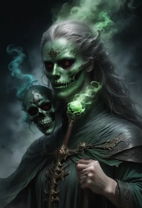 dungeon and dragons art, fantasy art, fantasy illustration, powerful and terrifying lich, necromancer, green skull, holding the ...