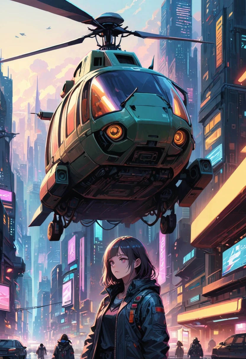 girl, Helicopter, Cyberpunk city, Brandon Woelfel Style page, detailed background, Realistic, Movie Still, best quality, masterpiece, very aesthetic, perfect composition, intricate details, ultra-detailed, Animagine