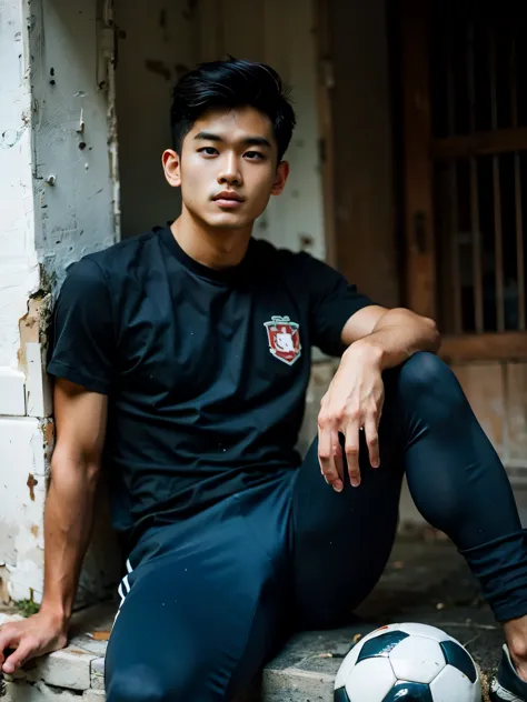 Realistic photography, The most handsome Thai man ,bare ,Sitting with legs open ,sportsperson ,Wear football pants