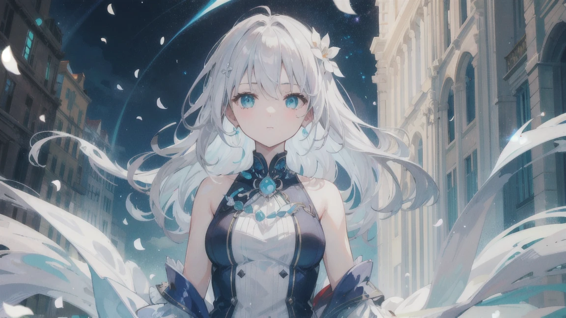 (masterpiece), petal, particles of light, Upper body, 1 ,  wavy hair, particles of light, silver hair, aqua eye,  looking at the viewer,A city made of pearls