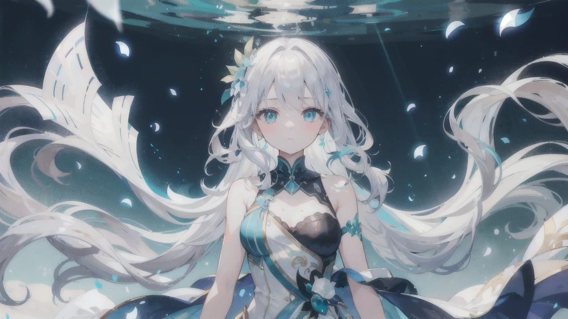 (masterpiece), petal, particles of light, Upper body, 1 ,  wavy hair, particles of light, silver hair, aqua eye,  looking at the viewer,A city made of pearls