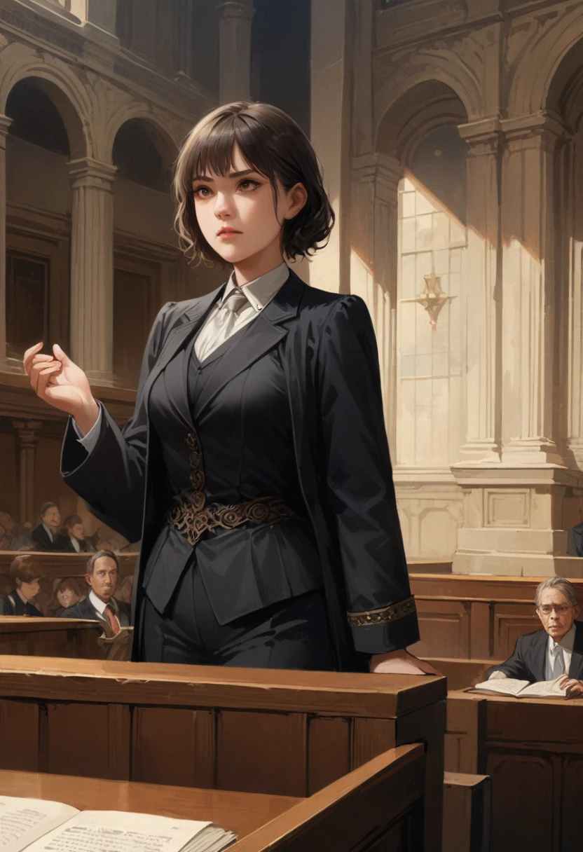 girl, Lawyer, court, speech, debate, detailed background, Realistic, Movie Still, best quality, masterpiece, very aesthetic, perfect composition, intricate details, ultra-detailed, Animagine