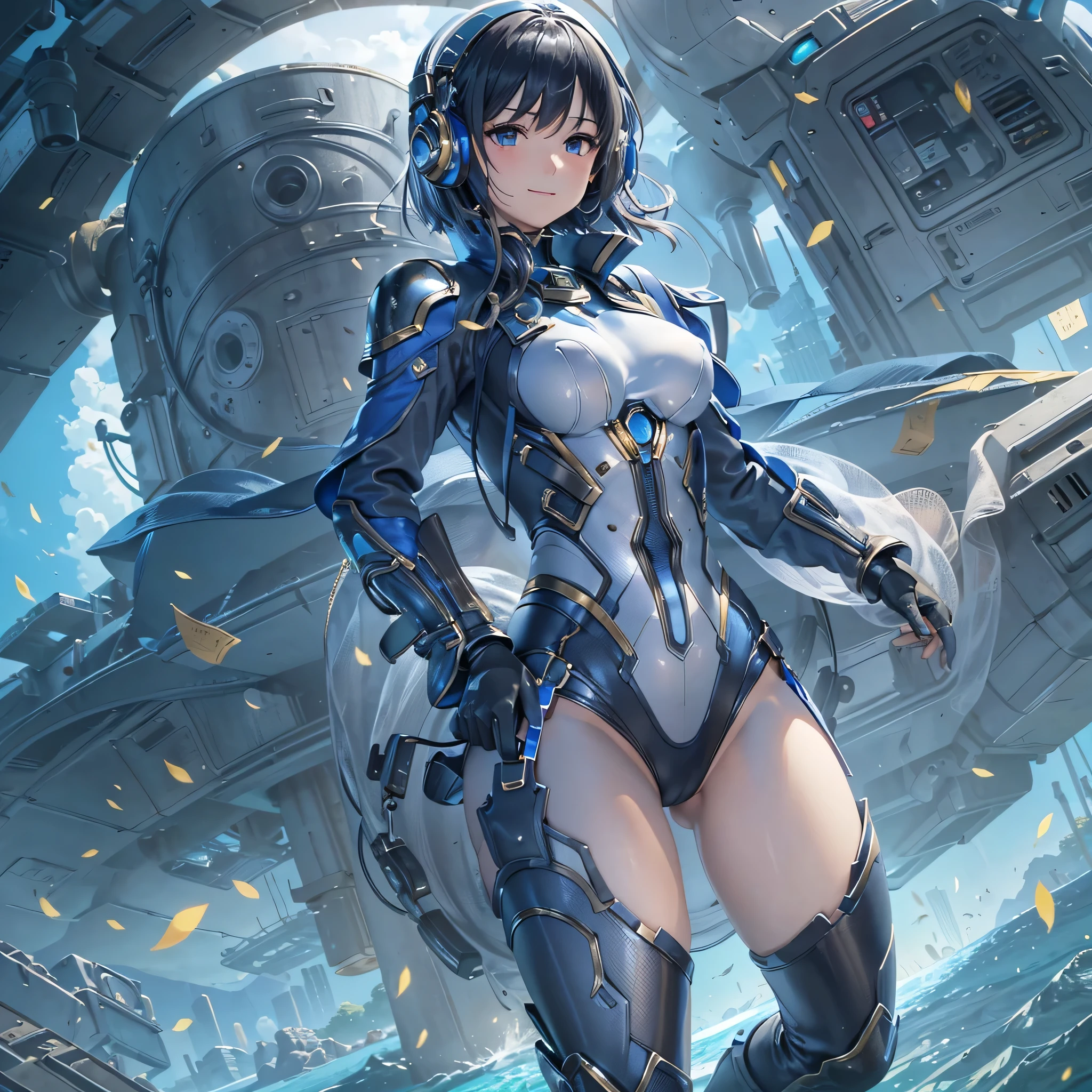 (masterpiece、highest quality、highest resolution、clear_image、detailed details、Angle from above): (full body figure、One 20 year old girl、Japanese faces、small face、Slender、Navy blue super short bob cut hair、(hidden small breasts:1.3)、sparkling blue eyes、Shiny pilot suit in blue and black colors、armor that protects the chest、tight fitting clothes、clothes that cover the whole body、shiny clothes、tight fit pants、hide the skin、very delicate and beautiful、detailed skin、hide thighs、hide your butt、cute type、gentle smile、soft expression、heroine、headset、Knee-high boots、gloves up to the elbow、eye level shot、facing directly、woman on a spaceship)