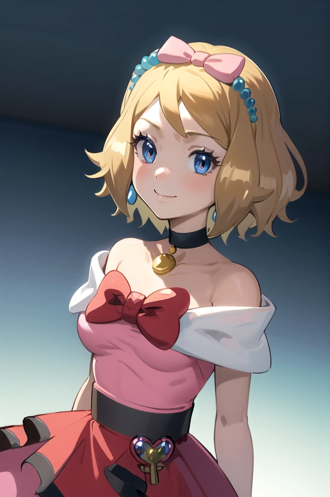 masterpiece, best quality, 1girl,serena \(pokemon\), short hair, blonde hair, blue eyes, eyelashes, black choker, hair bow, dress, collarbone, large breasts, upper body, smile, looking at viewer, solo, simple background 