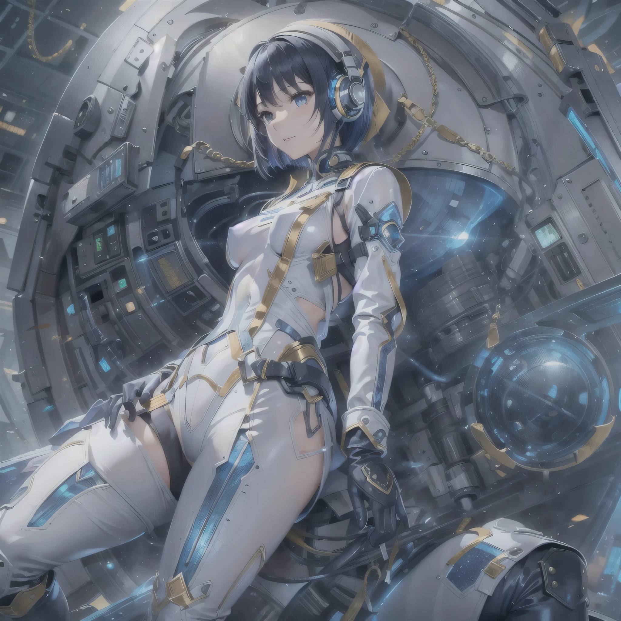 (masterpiece、highest quality、highest resolution、clear_image、detailed details、Angle from above): (full body figure、One 20 year old girl、Japanese faces、small face、Slender、Navy blue super short bob cut hair、(hidden small breasts:1.3)、sparkling blue eyes、Shiny pilot suit in blue and black colors、armor that protects the chest、tight fitting clothes、clothes that cover the whole body、shiny clothes、tight fit pants、hide the skin、very delicate and beautiful、detailed skin、hide thighs、hide your butt、cute type、gentle smile、soft expression、heroine、headset、Knee-high boots、gloves up to the elbow、eye level shot、facing directly、woman on a spaceship)