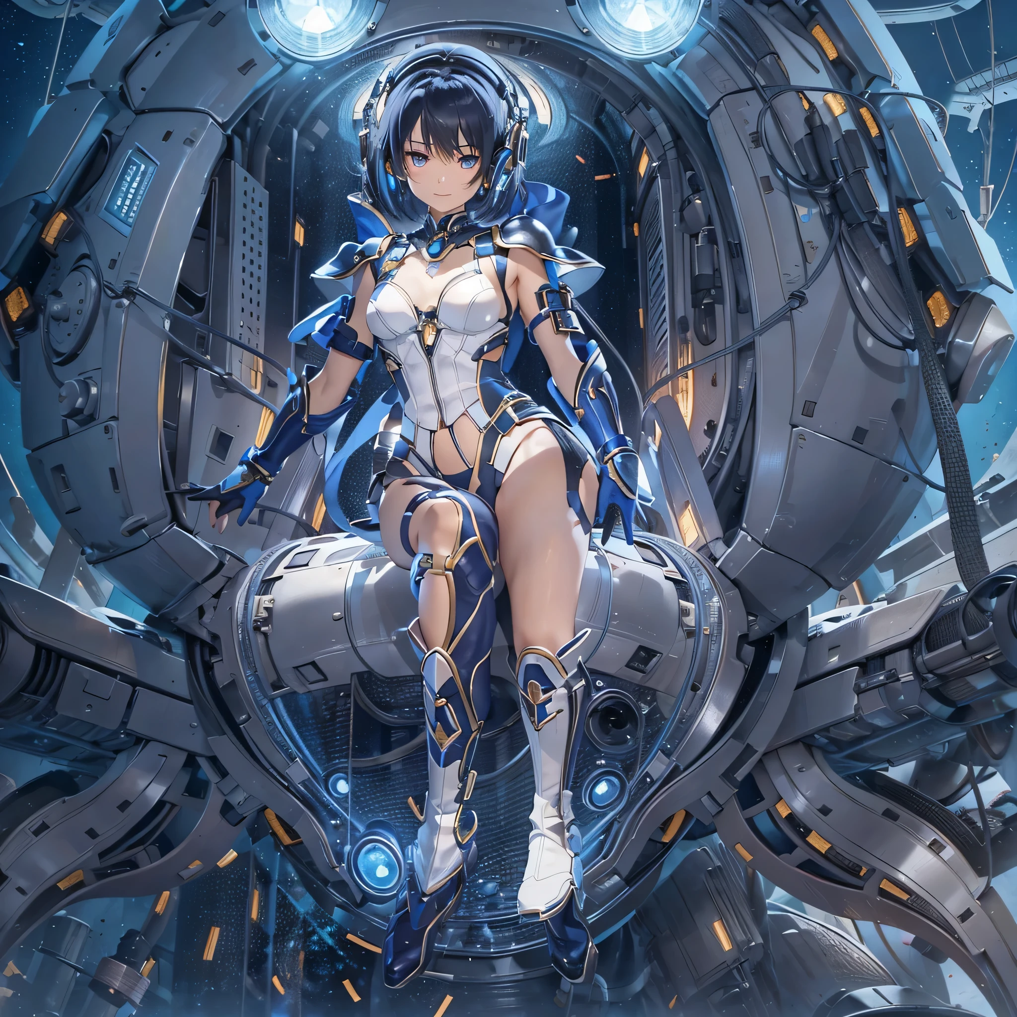 (masterpiece、highest quality、highest resolution、clear_image、detailed details、Angle from above): (full body figure、One 20 year old girl、Japanese faces、small face、Slender、Navy blue super short bob cut hair、(hidden small breasts:1.3)、sparkling blue eyes、Shiny pilot suit in blue and black colors、armor that protects the chest、tight fitting clothes、clothes that cover the whole body、shiny clothes、tight fit pants、hide the skin、very delicate and beautiful、detailed skin、hide thighs、hide your butt、cute type、gentle smile、soft expression、heroine、headset、Knee-high boots、gloves up to the elbow、eye level shot、facing directly、woman on a spaceship)