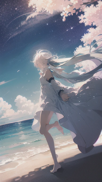 highest quality, masterpiece, 1 girl, beach,  (gray hair:1.2), long hair, Ocean, dress, Day, zero, horizon, outdoor, sand, blue zero, barefoot, cloud, sun, Are standing, smile, water, white dress, alone, closed my eyes, floating hair, sun, full body, Are standing on liquid, long sleeve, barefoot, background, Light and shadow, lit, athmospheric lit, zero,cherry blossoms,青zero,bright,Vibrant colors,Cherry blossoms all around,Sit down