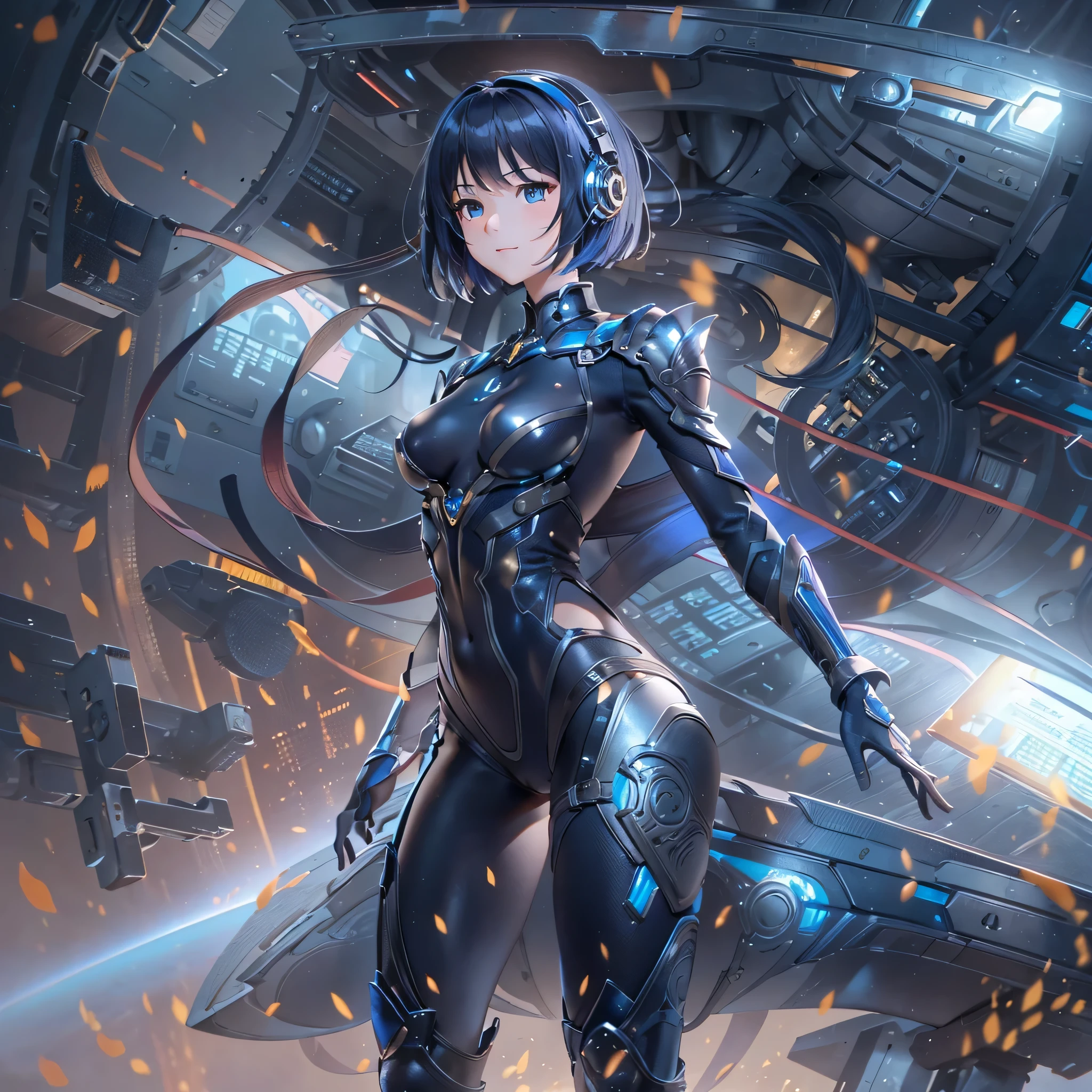 (masterpiece、highest quality、highest resolution、clear_image、detailed details、Angle from above): (full body figure、One 20 year old girl、Japanese faces、small face、Slender、Navy blue super short bob cut hair、(hidden small breasts:1.3)、sparkling blue eyes、Shiny pilot suit in blue and black colors、armor that protects the chest、tight fitting clothes、clothes that cover the whole body、shiny clothes、tight fit pants、hide the skin、very delicate and beautiful、detailed skin、hide thighs、hide your butt、cute type、gentle smile、soft expression、heroine、headset、Knee-high boots、gloves up to the elbow、eye level shot、facing directly、woman on a spaceship)