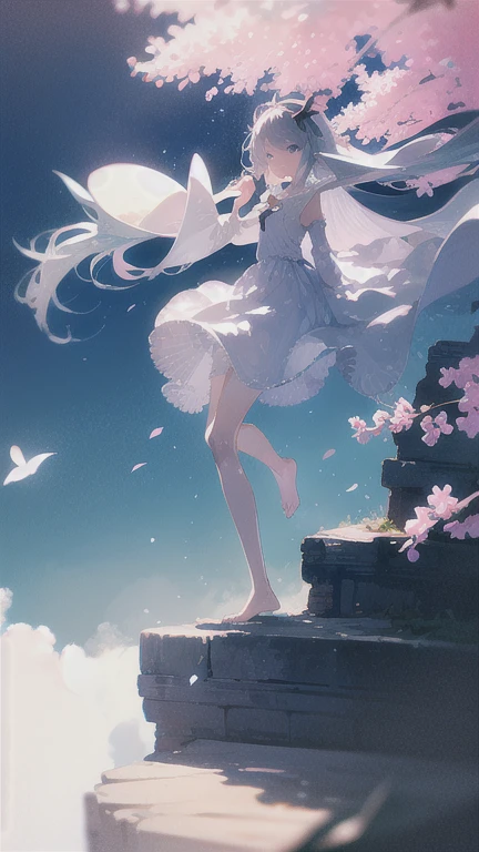 highest quality, masterpiece, 1 girl, beach,  (gray hair:1.2), long hair, Ocean, dress, Day, zero, horizon, outdoor, sand, blue zero, barefoot, cloud, sun, Are standing, smile, water, white dress, alone, closed my eyes, floating hair, sun, full body, Are standing on liquid, long sleeve, barefoot, background, Light and shadow, lit, athmospheric lit, zero,cherry blossoms,青zero,bright,Vibrant colors,Cherry blossoms all around,Sit down