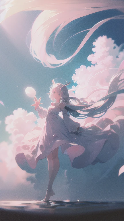 highest quality, masterpiece, 1 girl, beach,  (gray hair:1.2), long hair, Ocean, dress, Day, zero, horizon, outdoor, sand, blue zero, barefoot, cloud, sun, Are standing, smile,  white dress, alone, closed my eyes, floating hair, sun, full body, Are standing on liquid, long sleeve, barefoot, background, Light and shadow, lit, athmospheric lit, zero,cherry blossoms,青zero,bright,Vibrant colors,Cherry blossoms all around,Sit down