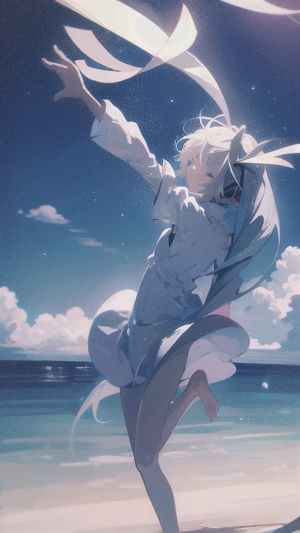 highest quality, masterpiece, 1 girl, beach,  (gray hair:1.2), long hair, Ocean, dress, Day, zero, horizon, outdoor, sand, blue zero, barefoot, cloud, sun, Are standing, smile,  white dress, alone, closed my eyes, floating hair, sun, full body, Are standing on liquid, long sleeve, barefoot, background, Light and shadow, lit, athmospheric lit, zero,cherry blossoms,青zero,bright,Vibrant colors,Cherry blossoms all around,jump