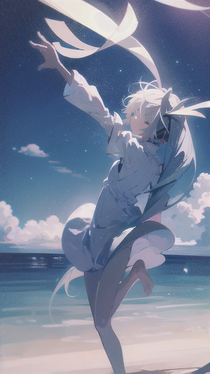 highest quality, masterpiece, 1 girl, beach,  (gray hair:1.2), long hair, Ocean, dress, Day, null, horizon, outdoor, sand, blue null, barefoot, cloud, sun, Are standing, smile,  white dress, alone, closed my eyes, floating hair, sun, full body, Are standing on liquid, long sleeve, barefoot, background, Light and shadow, lit, athmospheric lit, null,cherry blossoms,青null,bright,Vibrant colors,辺り一面のcherry blossoms,jump