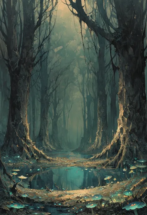 alien landscape, Luminous fungi carpeting the forest floor, Mirror-like lake reflecting surrounding forest, detailed background,...