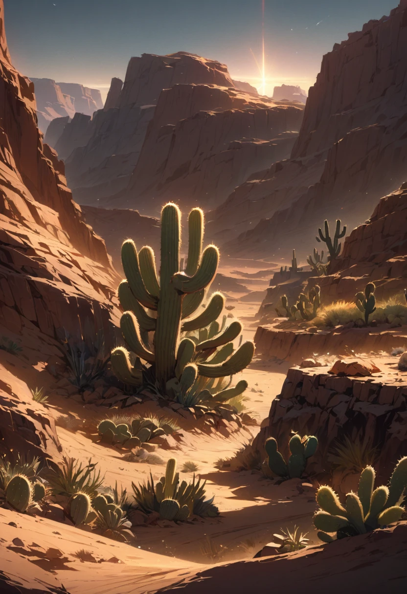 Kaktus, Wüste, tolle Beleuchtung, flackerndes Licht, detaillierter Hintergrund, realistisch, Standbild aus dem Film, beste Qualität, Meisterwerk, sehr ästhetisch, perfekte Komposition, komplizierte Details, ultra-detailliert, Animagine