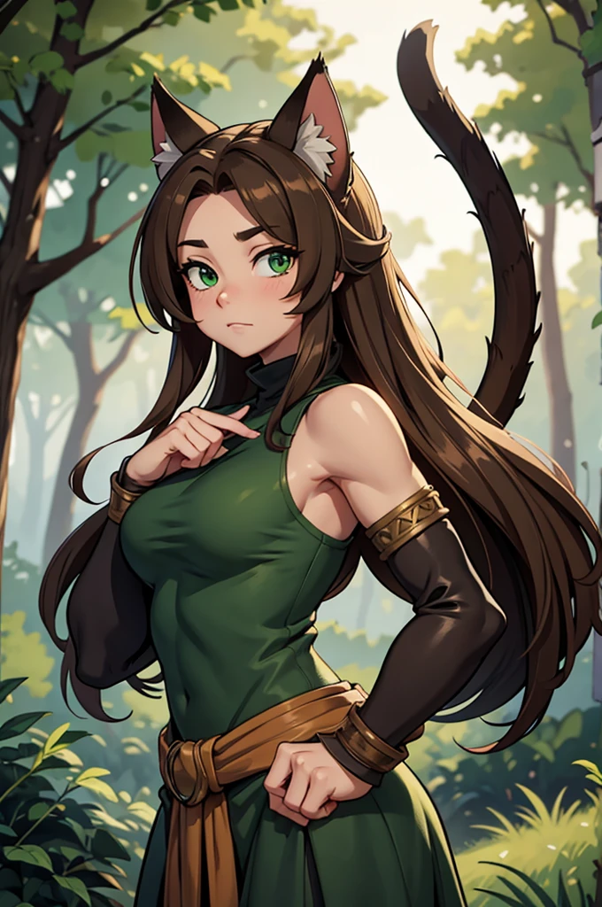 by kenket, by totesfleisch8, (by thebigslick, by silverfox5213:0.8), (by syuro:0.2),, king-adelaide, twokids, (best quality, masterpiece:1), solo, furry female anthro, green eyes, arm wraps, long hair, light brown hair, portrait, fingers, finger claws, looking at viewer, feline tail, strong, muscular, crown, (outdoors dark forest trees blurry blurred background:1.1),
