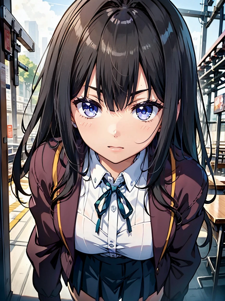 ((school uniform:1.3)),high quality, High resolution, super detailed, High level image quality, high quality, anime illustration, (Beautiful detailed eyes: 1.2), Detailed depiction of the eyes, (small eyes and small face:1.3), (Highly detailed CG, best shadow:1.1), depth of field and blur, (perfect details: 1.1) , digital illustration, enamel art, center, watercolor painting, art station, concept art, character sheet, lightning wave, 美しいアニメのwatercolor painting, Bright colors, sharp focus, art by:Kim Hyun Tae, small details, intricate details, curvaceous body, Detailed depiction of the eyes, Bright colors,((Nervous look before riding a roller coaster))