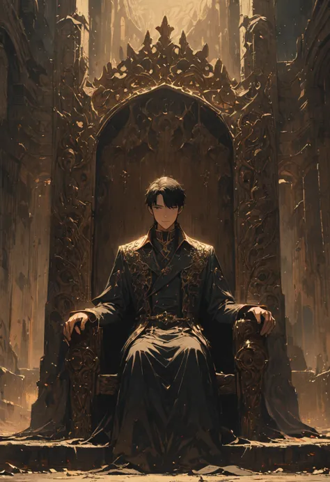 boy, prince, sit on throne, great lighting, cinematic lighting, detailed background, realistic, movie still, best quality, maste...