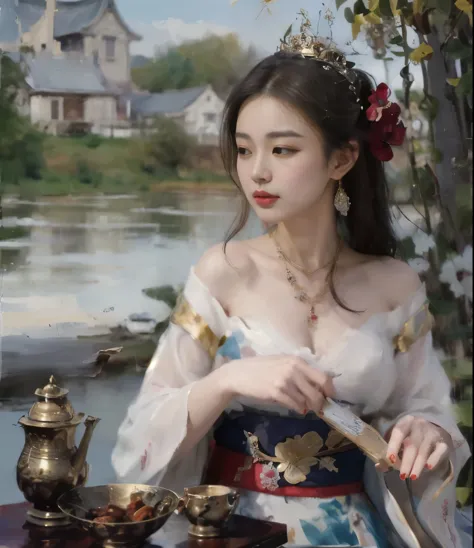Painting of a woman in white sitting at a table with a teapot, palace ， girl in hanfu, By Yang J, artwork in the style of Gouvic...