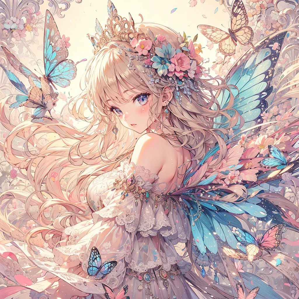 (exquisite, beautiful, very detailed, masterpiece, high quality,High resolution),(soft thin lines:1.2, Beautiful, delicate and pretty face),(Butterfly-like fairy wings growing from her back),from a little far away,body whole,The whole body is reflected,night,A fairy princess is dancing in a gorgeous baroque castle,lots of flowers,Hanabubuki,indoor,(Diamond Tiara, earrings, necklace), ((Gorgeous pastel ball gown dress:1.1, Balloon sleeves,Jewels, ribbons, lace and frills, Beautiful fairy wings from the back)), (light pink blush, plump pink lips,big bust,Fair skin, good style),watercolor style