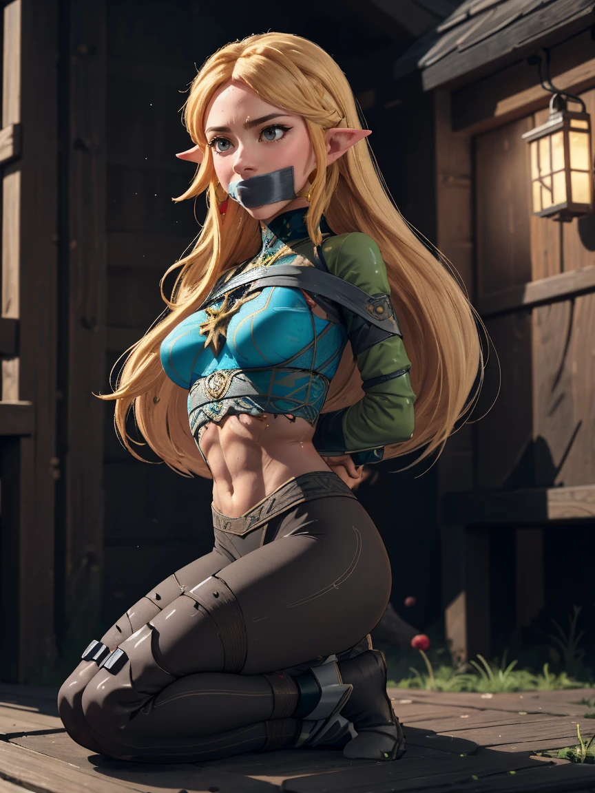 (whole body:1.5),beautiful detailed background, octane rendering, 8K, best quality, masterpiece, illustration, extremely delicate and beautiful, detailed,extremely detailed,CG,Unite,wallpaper,Astonishing, fine details, realistic art: 1.2 ,masterpiece, best quality, official art, extremely detailed CG Unite 8K wallpaper,1 girl, zelda, wearing plain transparent underwear,, on knees,hands tied behind back, mouth gagged, worried expression, green eyes, pretty symetrical face, oily wet skin, tanned skin, freckles, thin waist, narrow hips, tight apple ass, small breasts, Looking off to the side , Realistic photos, (hiqcgbody) ,perfect female figure, dark gothic rooftop background