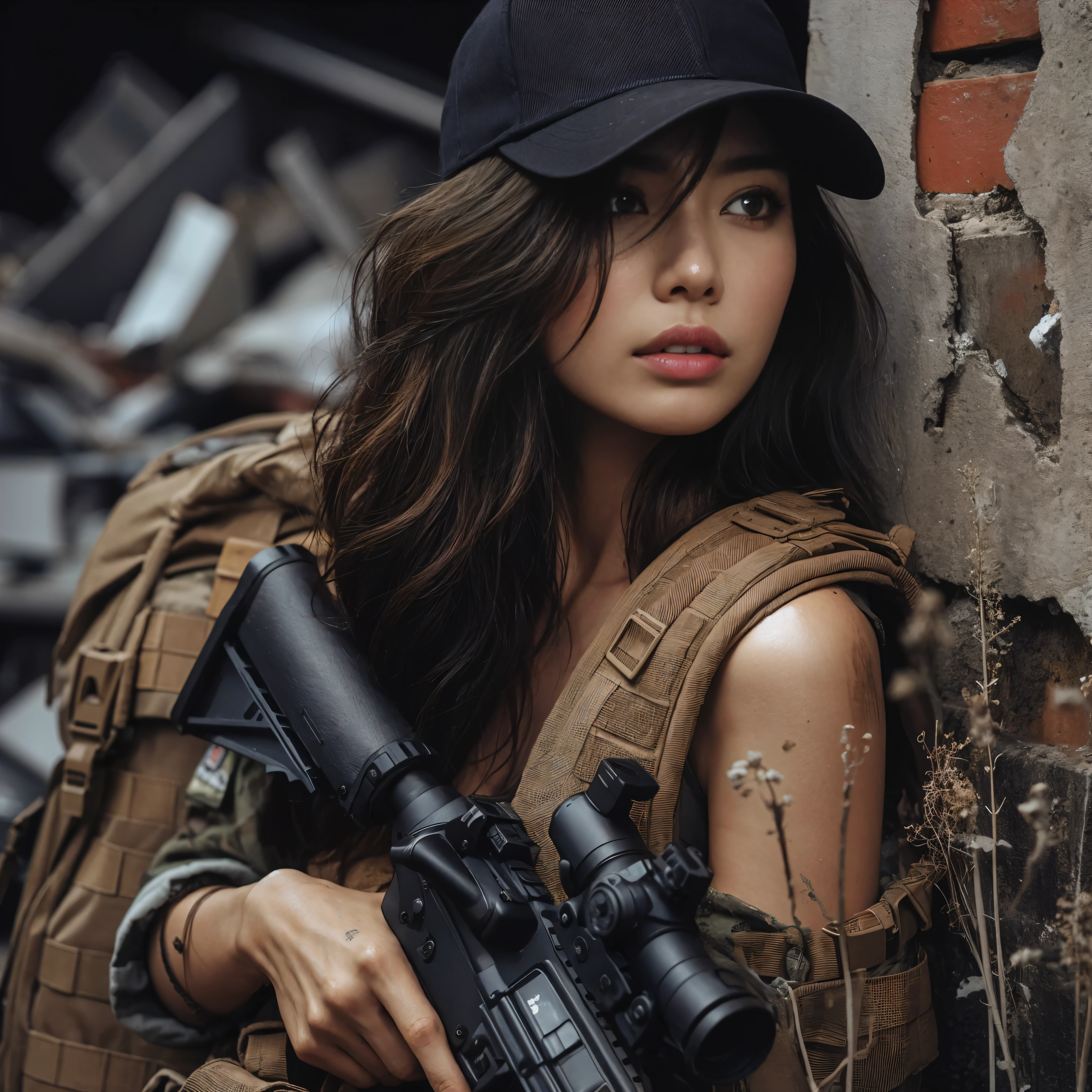 (Meilleure qualité,8k,Photoréaliste,texture de peau réaliste), une belle Japonaise appartenant à l&#39;armée brésilienne se cache et attend une chance de contre-attaquer. Elle porte un gilet pare-balles, tenant un fusil automatique, et portant un sac à dos et une casquette de baseball écrit BRÉSIL. La ville est en ruines et couverte de débris.