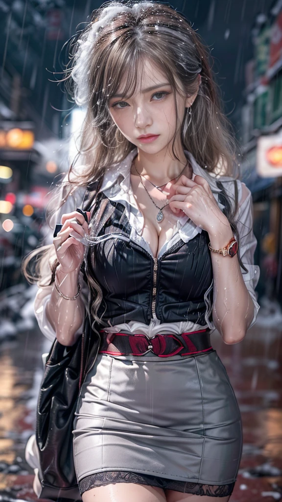 (RAW shooting:1.5, Photoreal, 8K, highest quality, masterpiece, ultra high resolution), ((((heavy snow, storm)))), Highly detailed skin and facial textures:1.3, perfect dynamic composition:1.2, (In front of a bar at night in a modern city, expression of sadness:1.0, Tears are flowing:1.0, cry with a broken heart:1.0), Slim office lady wet in the rain:1.3, cowboy shot, Fair skin:1.2, sexy beauty:1.1, perfect style:1.2, beautiful and aesthetic:1.1, very beautiful face:1.2, water droplets on the skin, (rain drips all over my body:1.2, wet body:1.2, wet hair:1.3), (professional dressing:1.1, Carrying a wet bag:1.2, Wet tight skirt:1.2, wet office lady uniform:1.3), (Medium chest, Bra is sheer, Chest gap),  (Eyes that feel beautiful eros:0.8, Too erotic:0.8, Bewitching:0.8), necklace, earrings, bracelet, wedding ring, Highly detailed and accurate hands and fingers