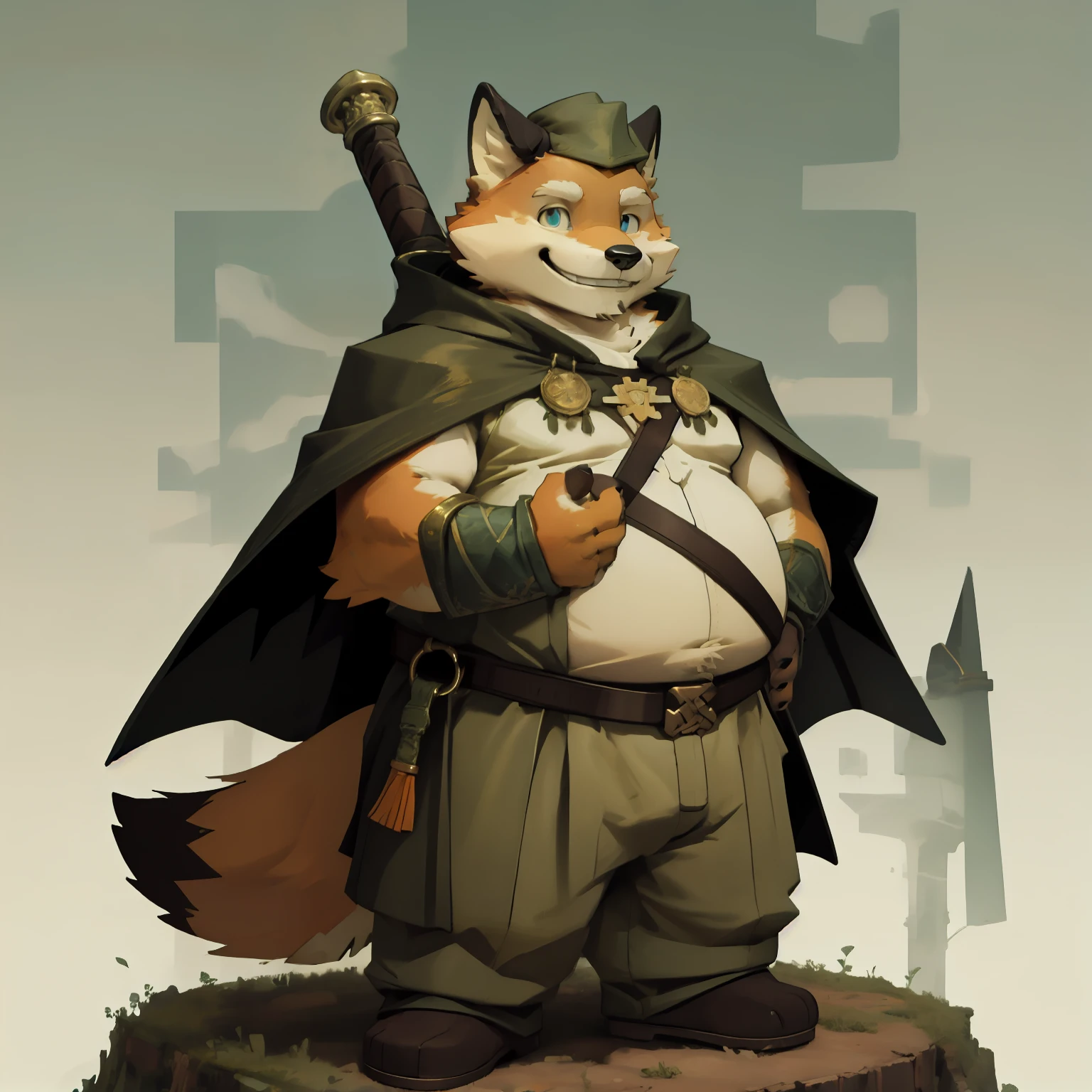 New Jersey 5 Hairy, fox，Full body portrait of an individual, male,exquisite， chubby，thick arms，Orange plush fur，Green Warrior Cloak，Brave Pants，front，stand，blue eyes，Two-handed Swordsman，Smile