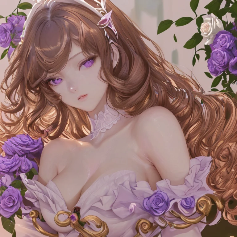 masterpiece, best quality, anime style, (Half body shot), 1girl, beautiful noble woman wandering on the roses garden, beautiful girl portrait, sultry beauty and detailed face, porcelain skin, (((bust shot, center,wearing pretty elegant noble gown,soft purple eyes,light brown hair, long soft curly hair)), soft lighting, elegant