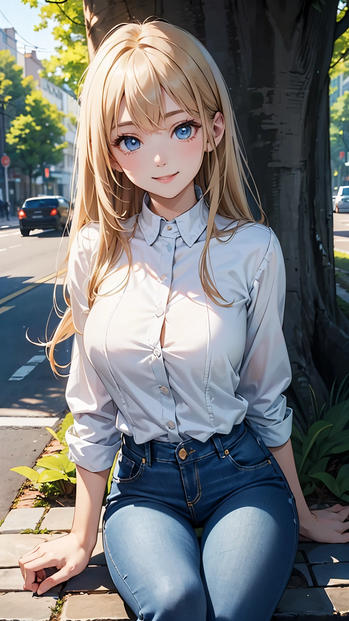 (Ultra high detail、highest quality、official art)、(attractive woman)、2、blonde、straight hair、from head to knees、big bust、white cutter shirt、tight jeans、blue eyes、Big eyes、smile、Bright tree-lined avenue、(( （Delicate）An illustration））、Light、Light、