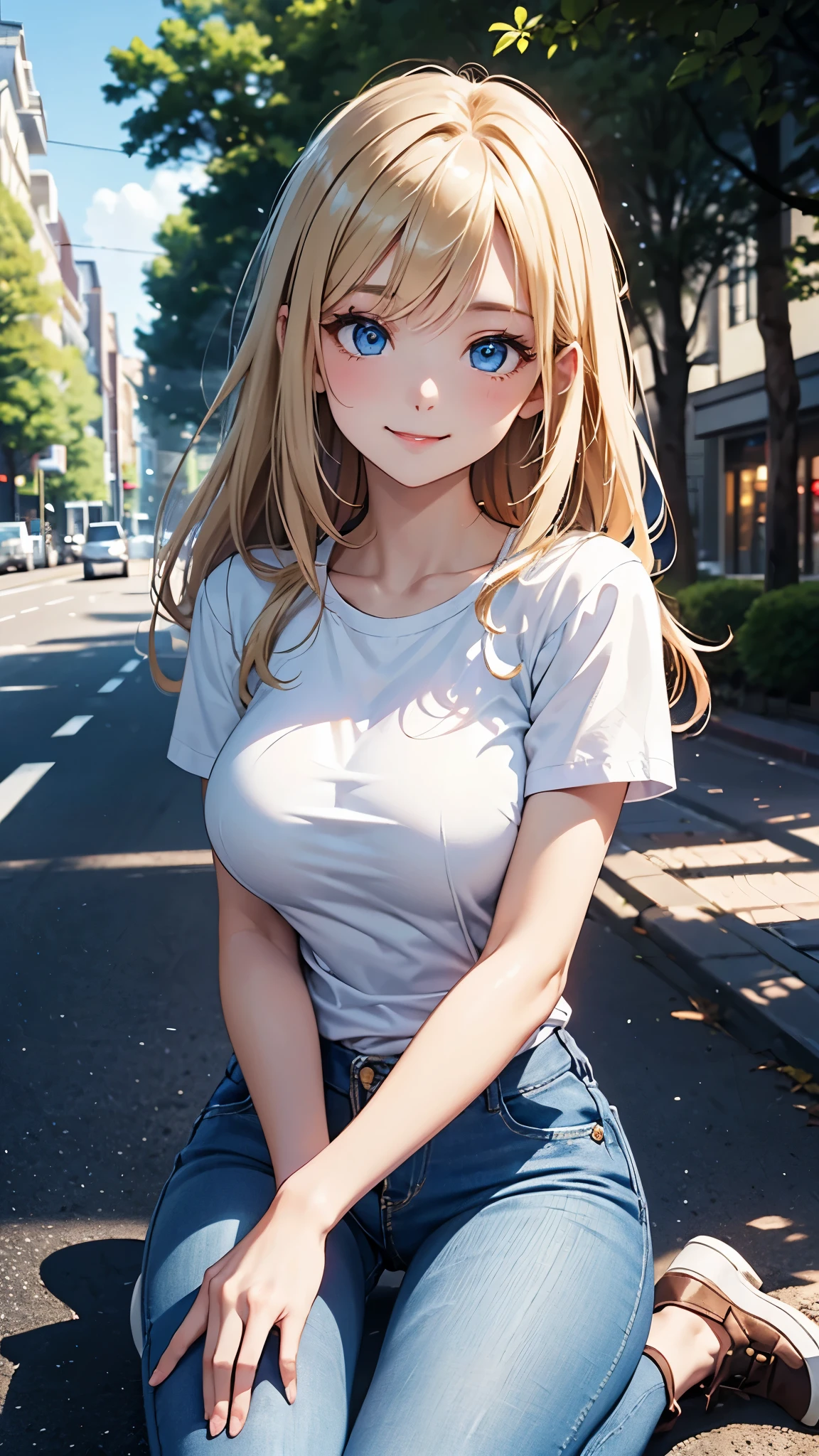 (Ultra high detail、highest quality、official art)、(attractive woman)、2、blonde、straight hair、from head to knees、big bust、white cutter shirt、tight jeans、blue eyes、Big eyes、smile、Bright tree-lined avenue、(( delicate illustrations))、Light、Light、