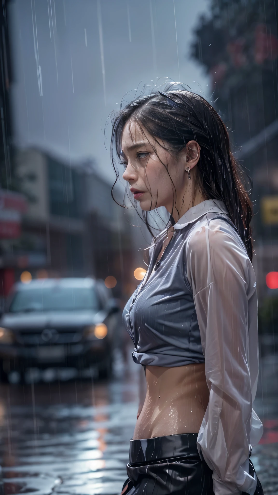 (RAW shooting:1.5, Photoreal, 8K, highest quality, masterpiece, ultra high resolution), perfect dynamic composition:1.2, Night street corner of a modern city, expression of sadness:0.5, (((Typhoon heavy rain))), Highly detailed skin and facial textures:1.2, Slim office lady wet in the rain:1.3, Fair skin:1.2, sexy beauty:1.1, perfect style:1.2, beautiful and aesthetic:1.1, very beautiful face:1.2, water droplets on the skin, (rain drips all over my body:1.2, wet body:1.2, wet hair:1.3, Wet tight skirt:1.2, wet office lady uniform:1.3), belt, (Medium chest, Bra is transparent, Chest gap), (cry, lovelorn, The expression on your face when you feel intense caress, Facial expression when feeling pleasure), (beautiful blue eyes, Eyes that feel beautiful eros:0.8), (Too erotic:0.9, Bewitching:0.9), cowboy shot, Shoulder bag, necklace, earrings, bracelet, clock