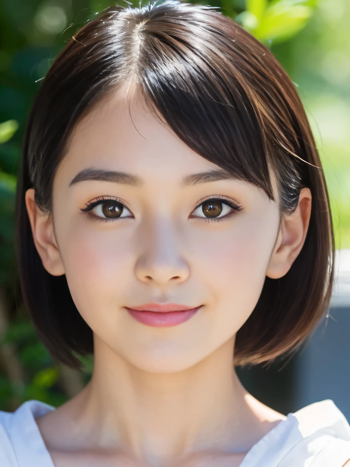 ((top-quality)),(​masterpiece:1.4),Raw photography,8K,((Top image quality)), ((Top resolution)),Beautiful face in every detail,Very detailed,(One girl:1.3 ),realisitic,photo realisitic,(very short hair:1.4),(Beautiful girl),(cute Japanese girl:1.3),(girly),((Pretty girl)),(Beautiful hair),((dark brown  hair)),(((Red cheeks))),((Her eyes are big)),20-year-old beauty,(her face is small:1.7),small head,((long neck)),Spot-free skin,Japanese Beautiful girl,(eight heads tall),((skinny )),face focus , detailed philtrum, translucent white skin, crooked nose, smile thin lips, close-up face