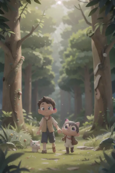 A boy and a cat，walking through a forest，Saw a mysterious castle