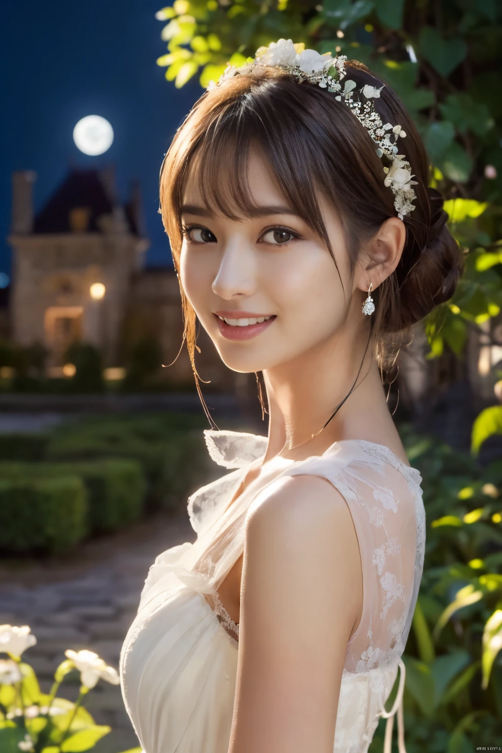 
((table top:1.4, highest quality)), (realistic pictures:1.4), 
((1 girl)), (Pure actress), (dream-like),
(超High resolution:1.2), very delicate and beautiful, wonderful, Highly detailed CG Unity 8K wallpaper, Super detailed, High resolution, 
soft light, beautiful detailed girl, highly detailed eyes and face, beautifully detailed nose, beautiful and detailed eyes, 
(Wear a white dress:1.3), 
cinematic lighting, perfect anatomy, slender body, (parted bangs),
(Relax in the gardens of European castles at night:1.3), (Moonlit Garden:1.3), (Colorful flowers blooming all over々), (moon), (outdoor), (contrast of light and dark),
cowboy shot, looking at the viewer, (archaic smile)