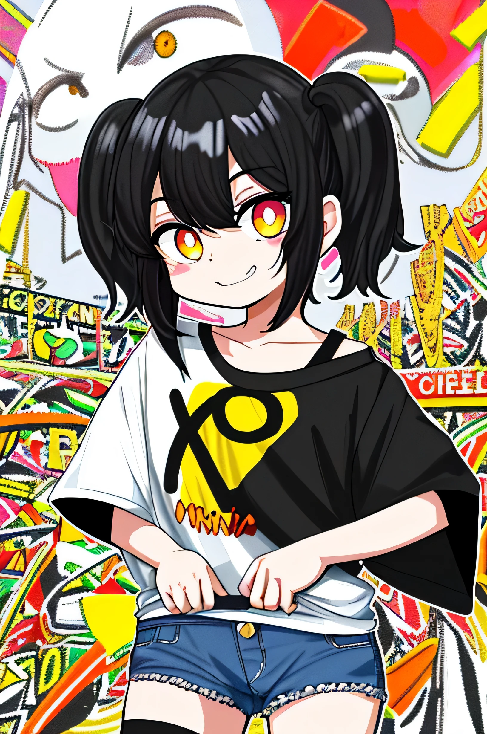 Anime girl with black hair and yellow eyes standing in front of graffiti -  SeaArt AI