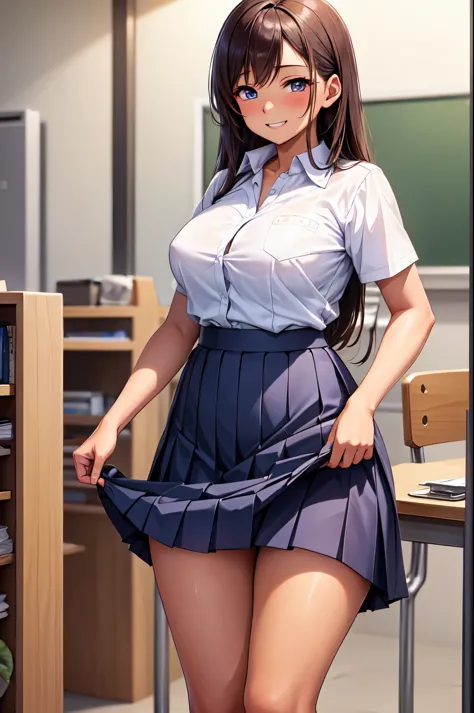 (High quality, High resolution, Fine details), classroom, (Shirts), (Pleated Skirts), (Lift up skirt:1.2), (Panty Shots:1.2), solo, curvy women, sparkling eyes, (Detailed eyes:1.2), Grin, blush, Sweat, (Tanned skin:1.3), Oily skin, shallow depth of field