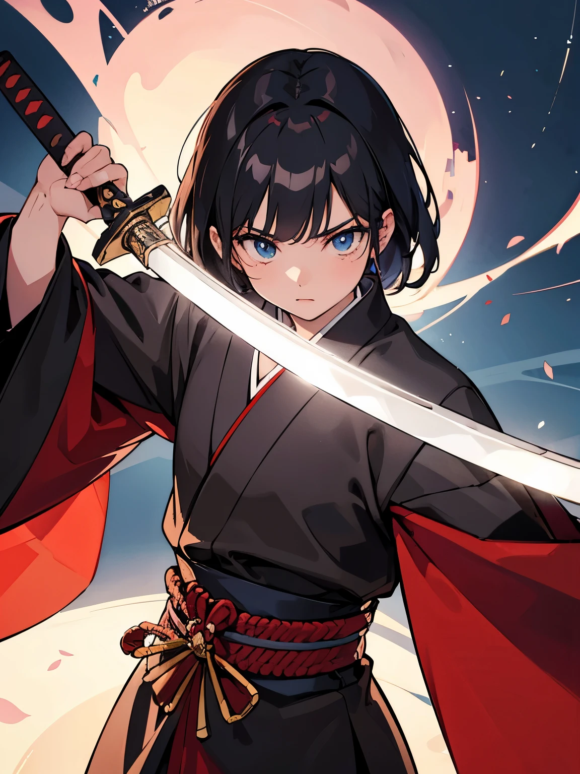 masterpiece, best quality, extremely detailed, anime,  A samurai, a sword, holding a sword, an evil aura surrounding the sword, a dark aura, a strong atmosphere,