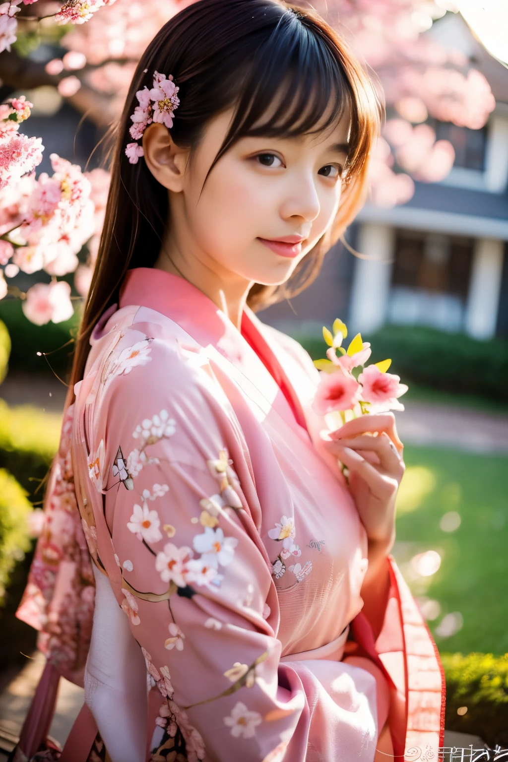 ((best quality)), ((masterpiece)), (detailed), perfect face, image of a garden with cherry trees and falling petals, sunset light, a beautiful Asian girl smells a bouquet of flowers, wears a pink kimono