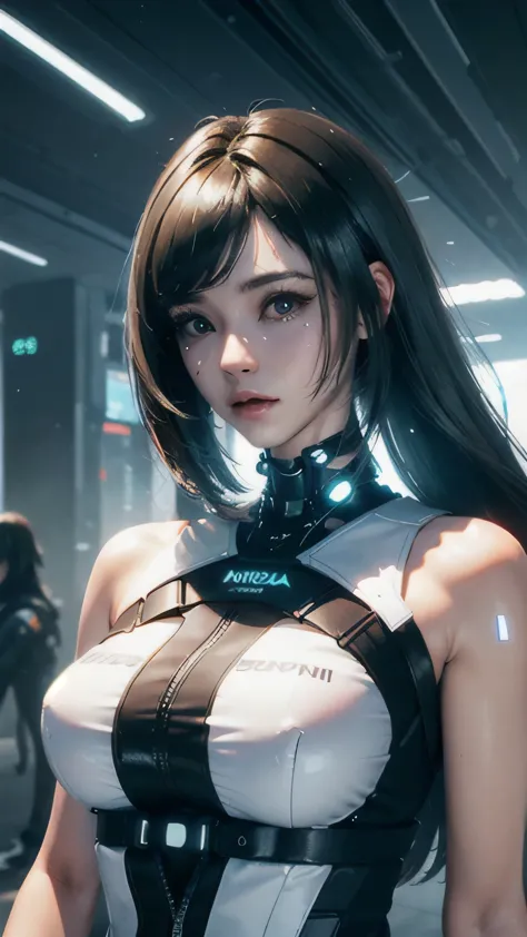 ((highest quality)), ((masterpiece)), (very detailed:1.3), 3D, beautiful (cyber punk:1.3) Female hacker with thick voluminous ha...